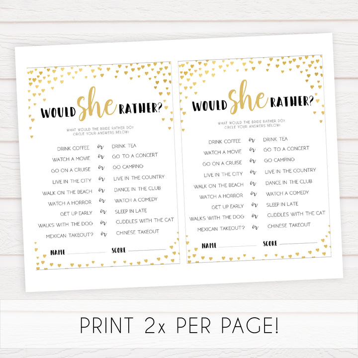 Gold hearts bridal shower games, would she rather, printable bridal games, gold bridal games, gold hearts bridal games, fun bridal games, top bridal games, best bridal games