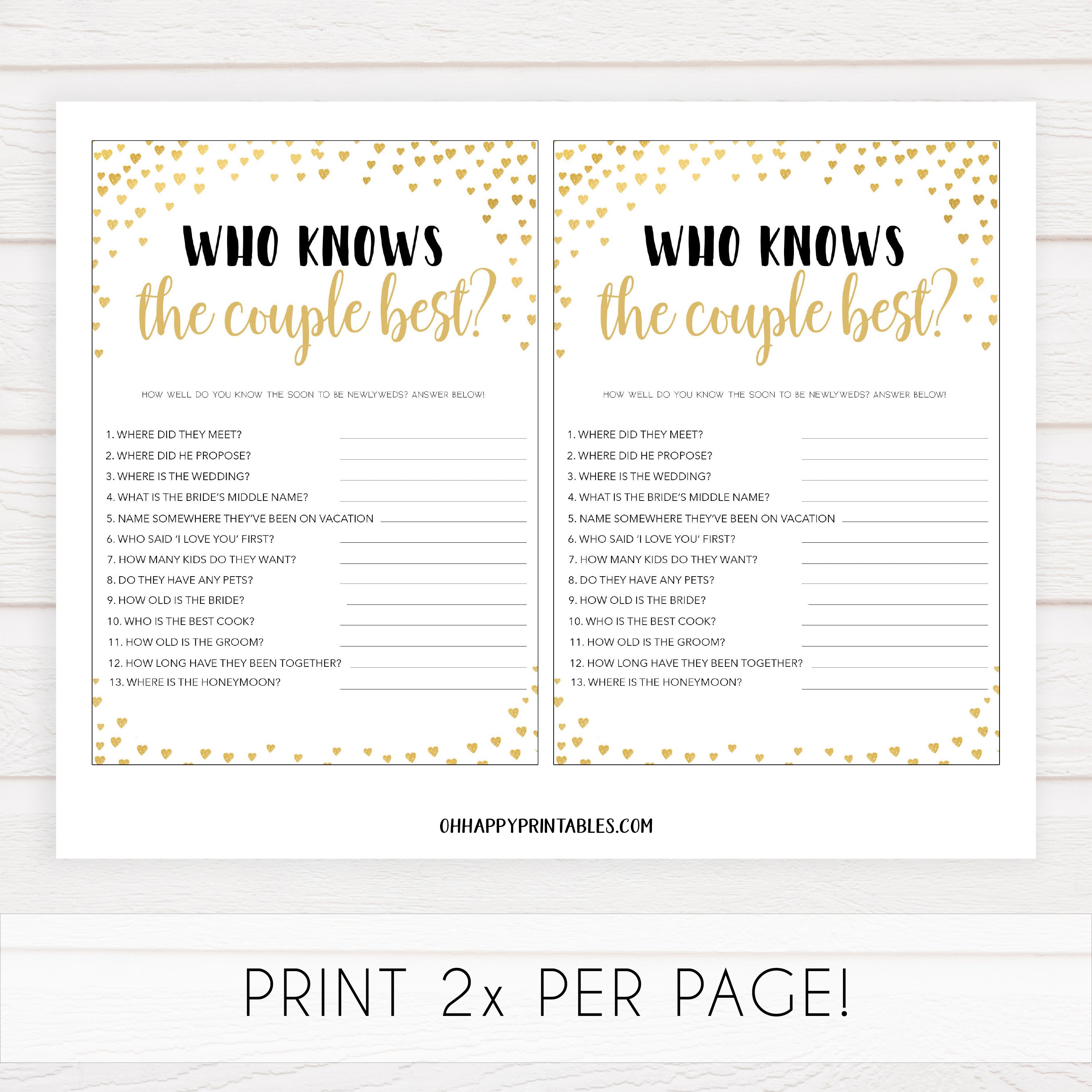 Gold hearts bridal shower games, who knows the couple best, printable bridal games, gold bridal games, gold hearts bridal games, fun bridal games, top bridal games, best bridal games