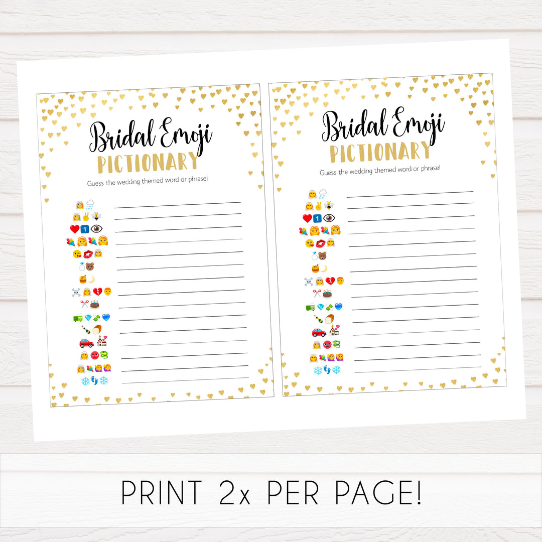 Gold hearts bridal shower games, bridal emoji pictionary, printable bridal games, gold bridal games, gold hearts bridal games, fun bridal games, top bridal games, best bridal games