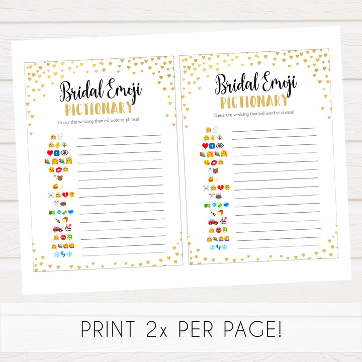 Gold hearts bridal shower games, bridal emoji pictionary, printable bridal games, gold bridal games, gold hearts bridal games, fun bridal games, top bridal games, best bridal games