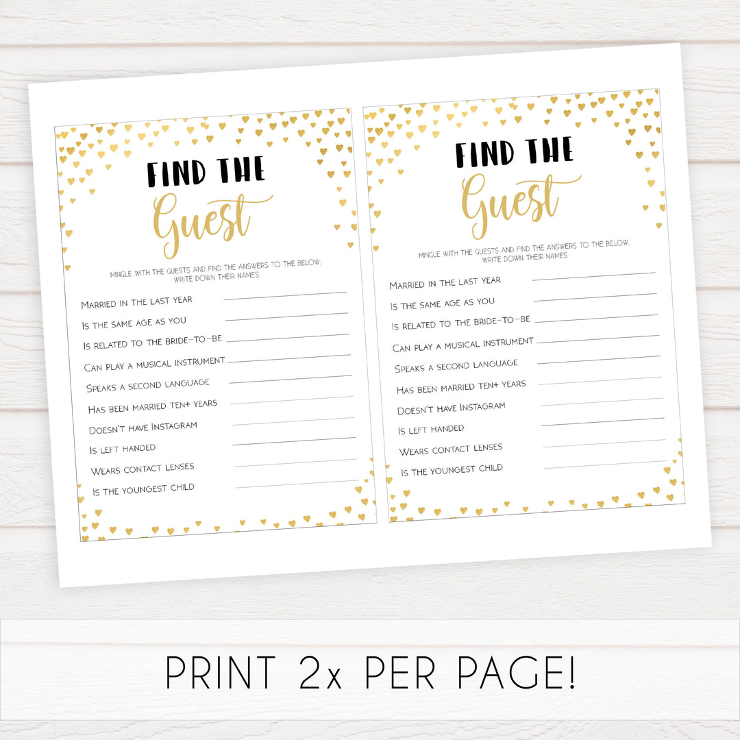 Gold hearts bridal shower games, find the guest, printable bridal games, gold bridal games, gold hearts bridal games, fun bridal games, top bridal games, best bridal games