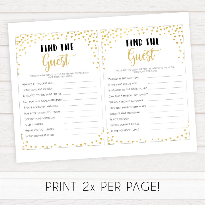 Gold hearts bridal shower games, find the guest, printable bridal games, gold bridal games, gold hearts bridal games, fun bridal games, top bridal games, best bridal games