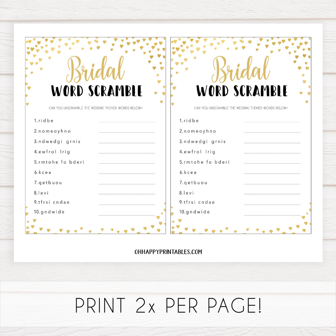 Gold hearts bridal shower games, bridal word scramble, printable bridal games, gold bridal games, gold hearts bridal games, fun bridal games, top bridal games, best bridal games