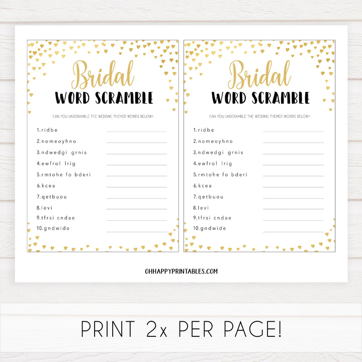 Gold hearts bridal shower games, bridal word scramble, printable bridal games, gold bridal games, gold hearts bridal games, fun bridal games, top bridal games, best bridal games