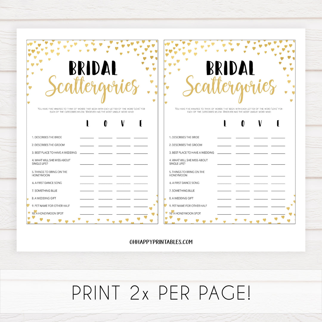 Gold hearts bridal shower games, bridal scattergories, printable bridal games, gold bridal games, gold hearts bridal games, fun bridal games, top bridal games, best bridal games