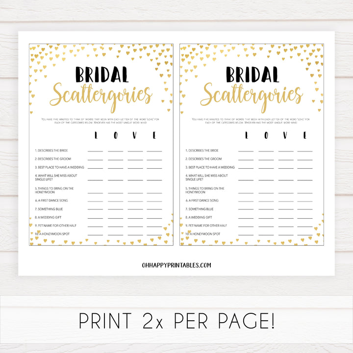 Gold hearts bridal shower games, bridal scattergories, printable bridal games, gold bridal games, gold hearts bridal games, fun bridal games, top bridal games, best bridal games