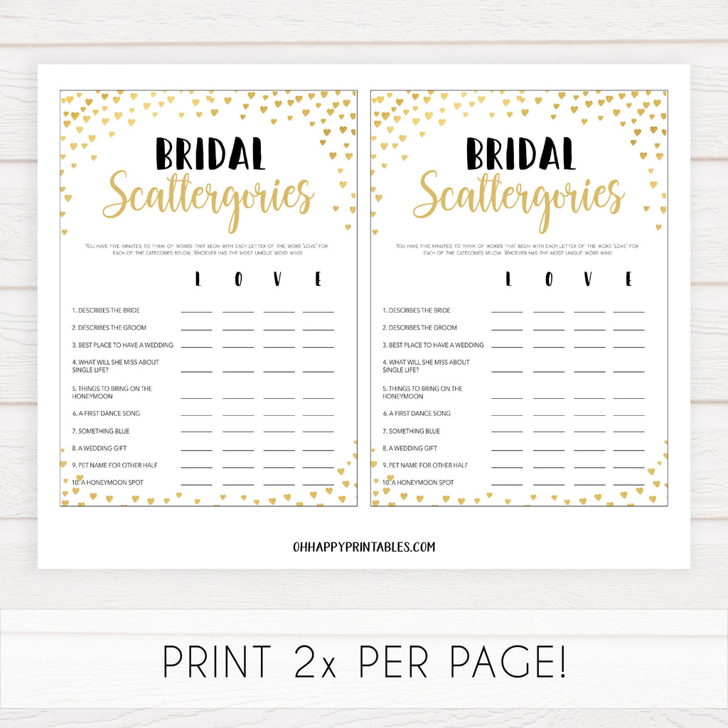 Bridal Scattergories Game Gold Hearts | Shop Printable Bridal Shower ...