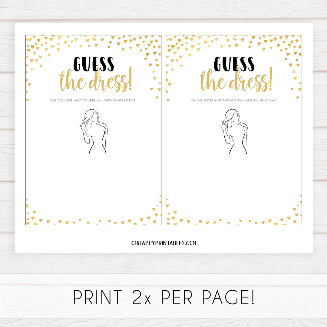 Gold hearts bachelorette games, guess the dress game, printable bachelorette games, hen party games, top party games, fun bridal shower games, bachelorette party games