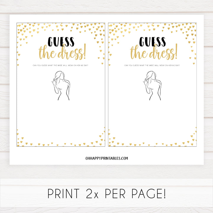 Gold hearts bachelorette games, guess the dress game, printable bachelorette games, hen party games, top party games, fun bridal shower games, bachelorette party games