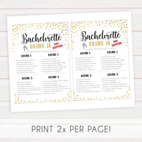 Gold hearts bachelorette games, xxx bachelorette drink if game, printable bachelorette games, hen party games, top party games, fun bridal shower games, bachelorette party games