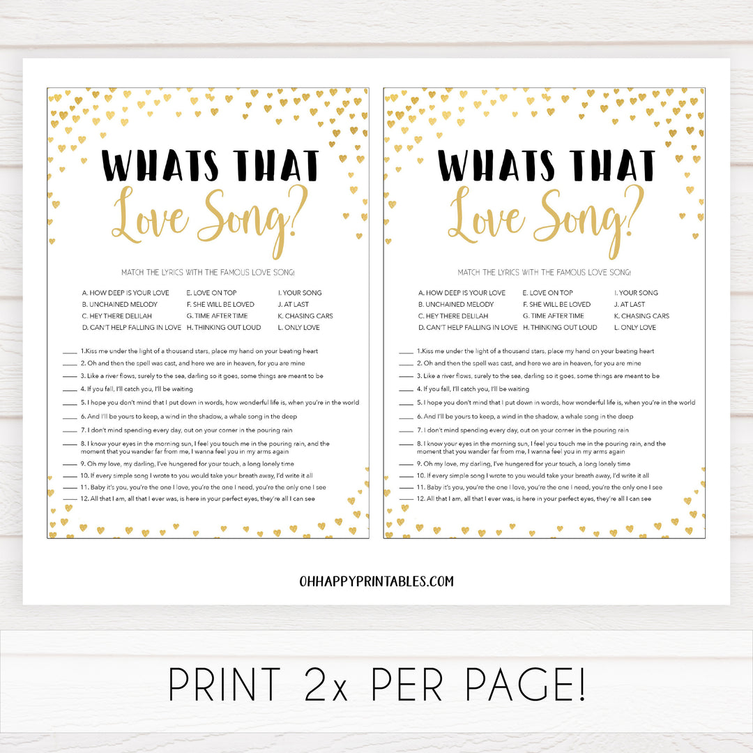 Gold hearts bridal shower games, whats that love song, printable bridal games, gold bridal games, gold hearts bridal games, fun bridal games, top bridal games, best bridal games