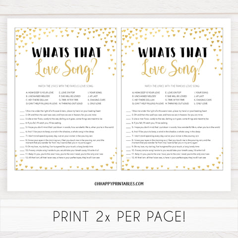Gold hearts bridal shower games, whats that love song, printable bridal games, gold bridal games, gold hearts bridal games, fun bridal games, top bridal games, best bridal games