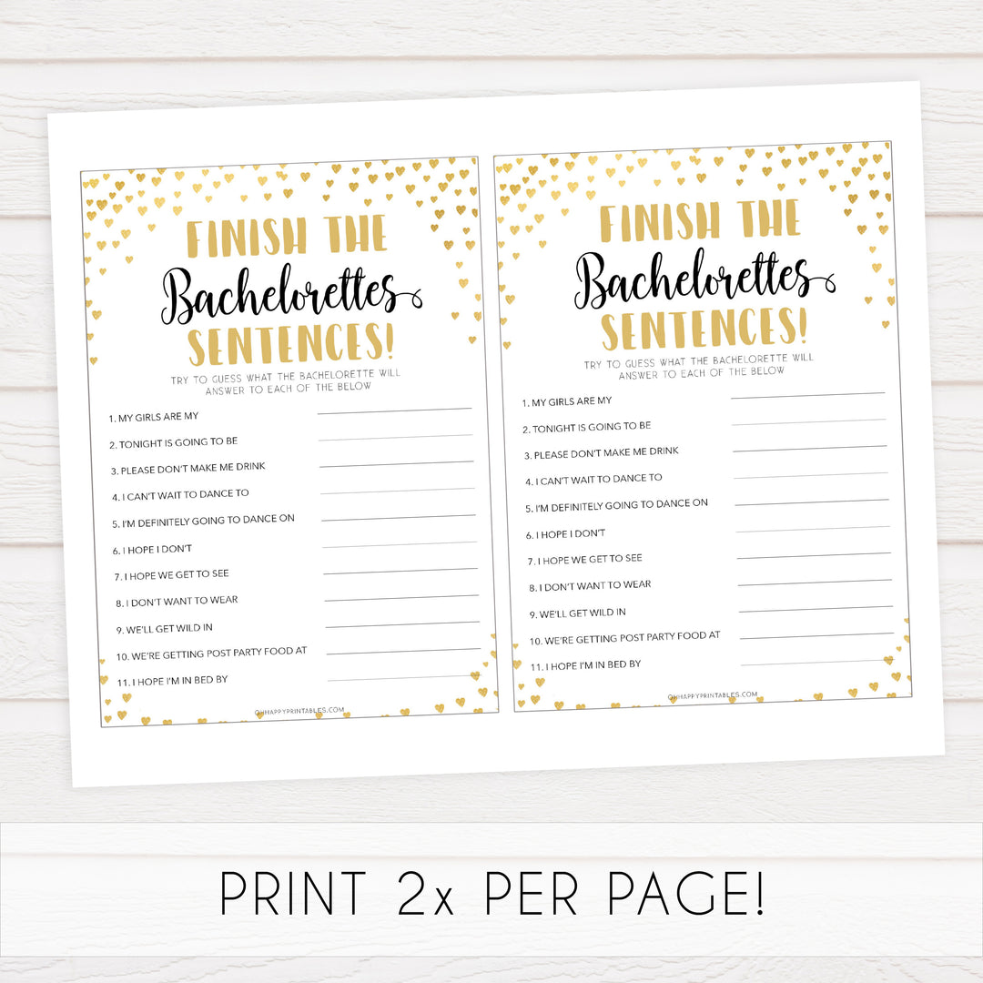 Gold hearts bachelorette games, bachelorette sentences game, printable bachelorette games, hen party games, top party games, fun bridal shower games, bachelorette party games