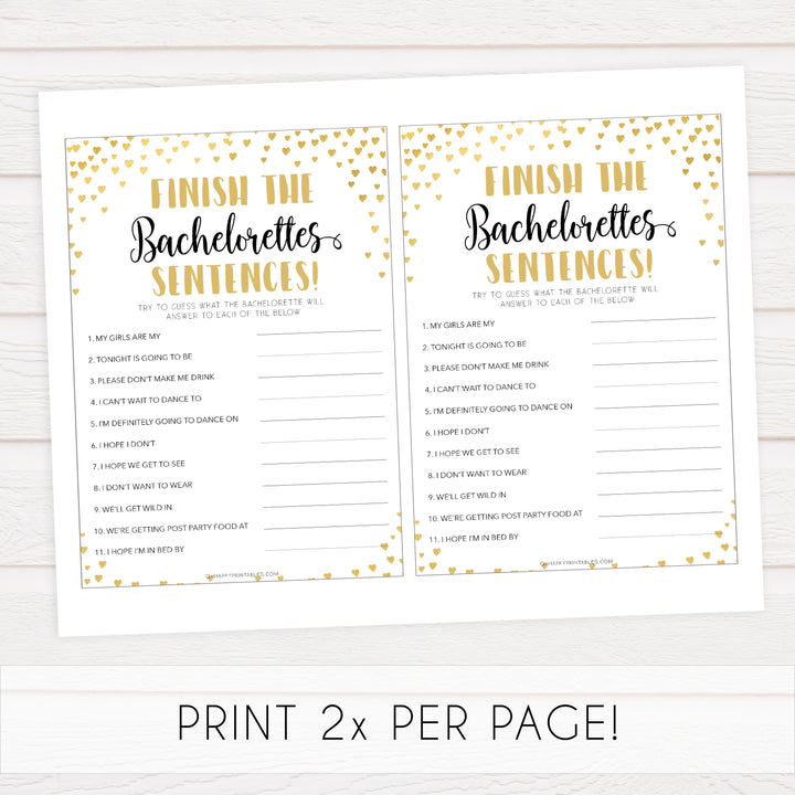 Gold hearts bachelorette games, bachelorette sentences game, printable bachelorette games, hen party games, top party games, fun bridal shower games, bachelorette party games