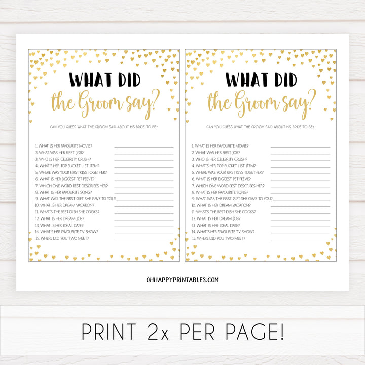 Gold hearts bridal shower games, what did the groom say, printable bridal games, gold bridal games, gold hearts bridal games, fun bridal games, top bridal games, best bridal games