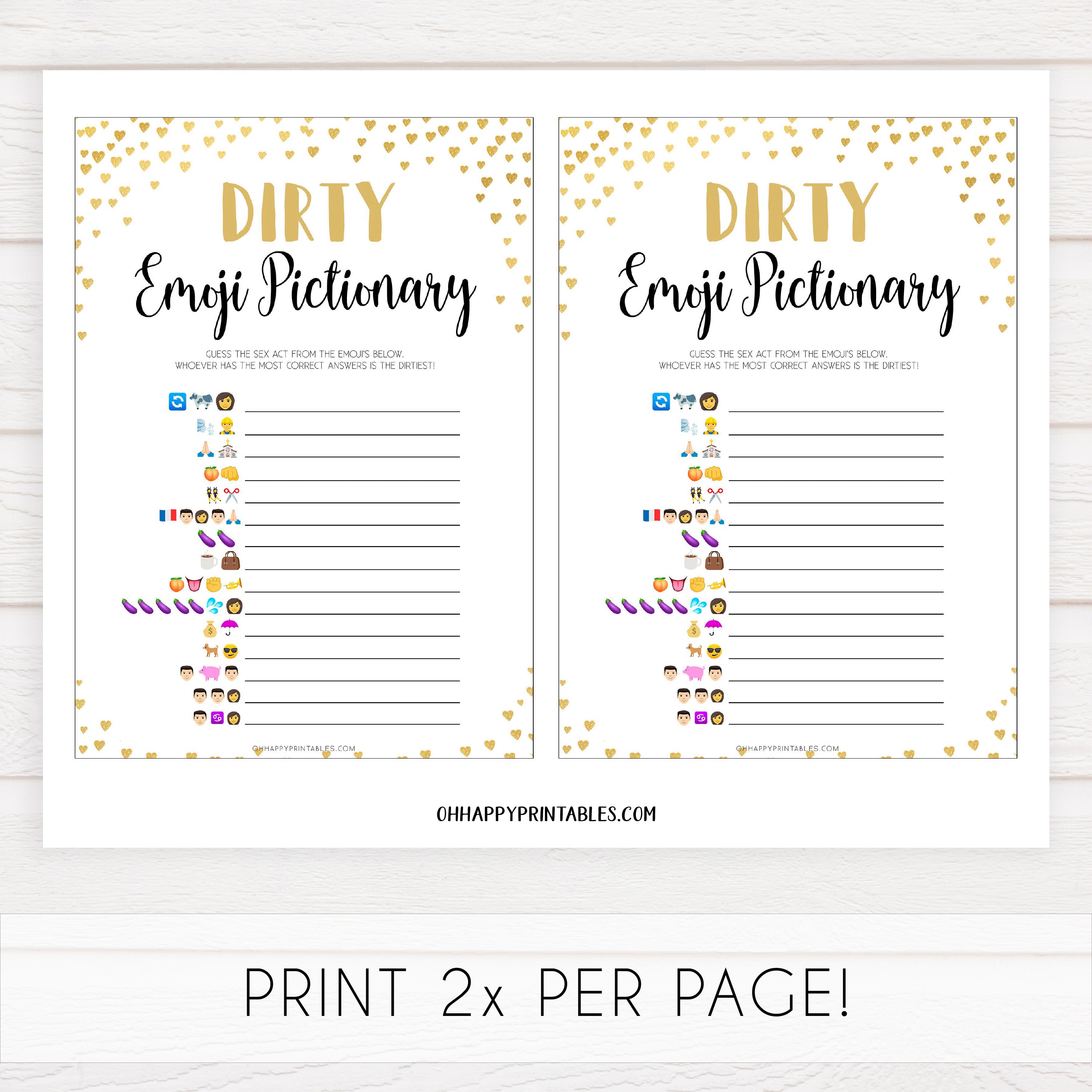 Gold hearts bachelorette games, dirty emoji pictionary game, printable bachelorette games, hen party games, top party games, fun bridal shower games, bachelorette party games