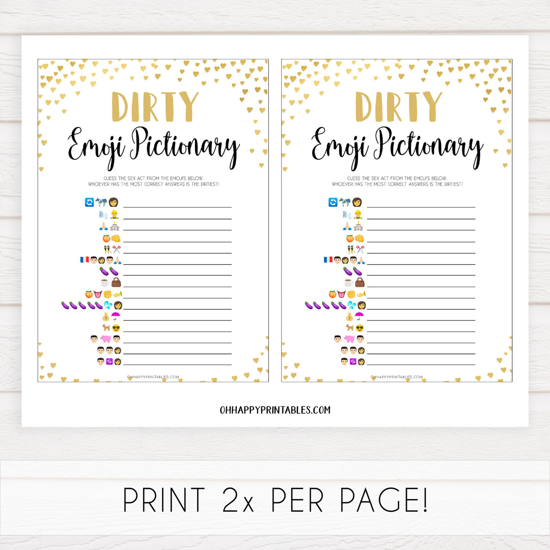 Gold hearts bachelorette games, dirty emoji pictionary game, printable bachelorette games, hen party games, top party games, fun bridal shower games, bachelorette party games