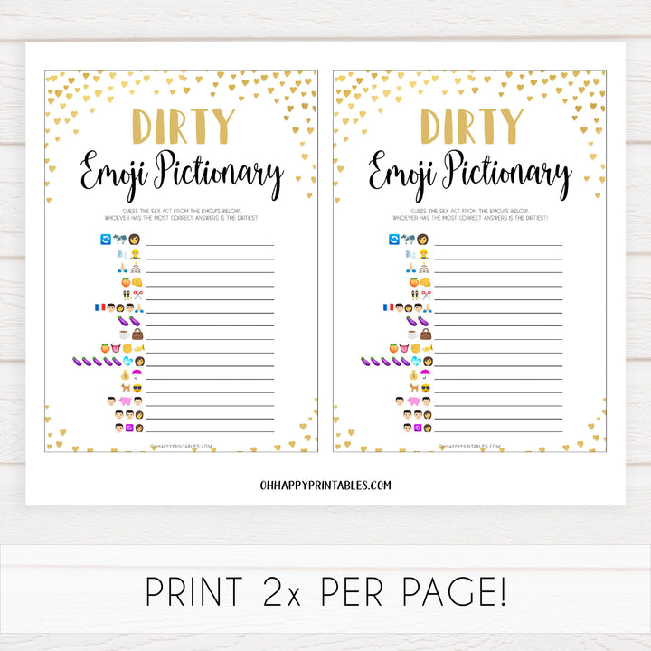 Gold hearts bachelorette games, dirty emoji pictionary game, printable bachelorette games, hen party games, top party games, fun bridal shower games, bachelorette party games