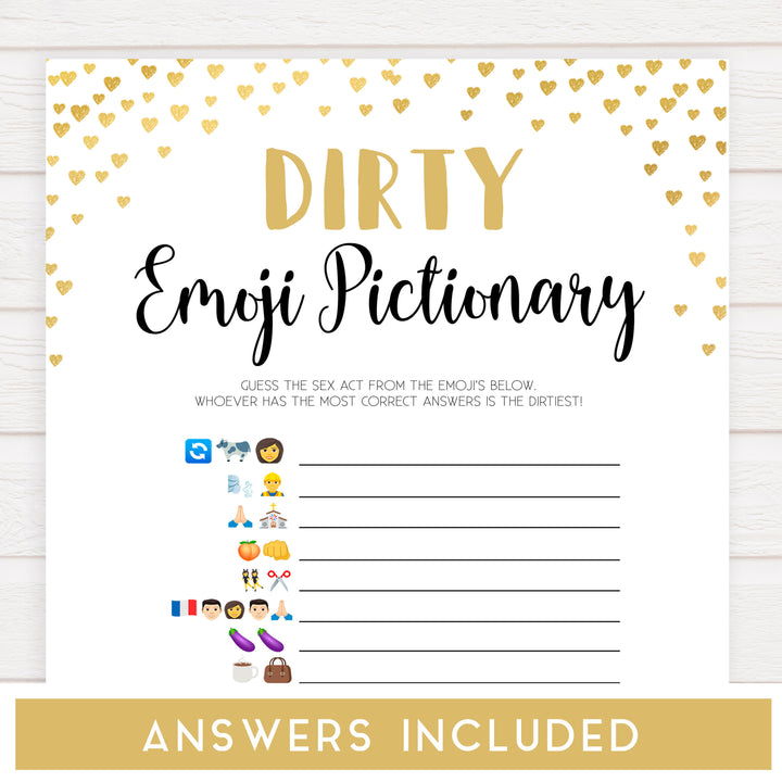 Gold hearts bachelorette games, dirty emoji pictionary game, printable bachelorette games, hen party games, top party games, fun bridal shower games, bachelorette party games