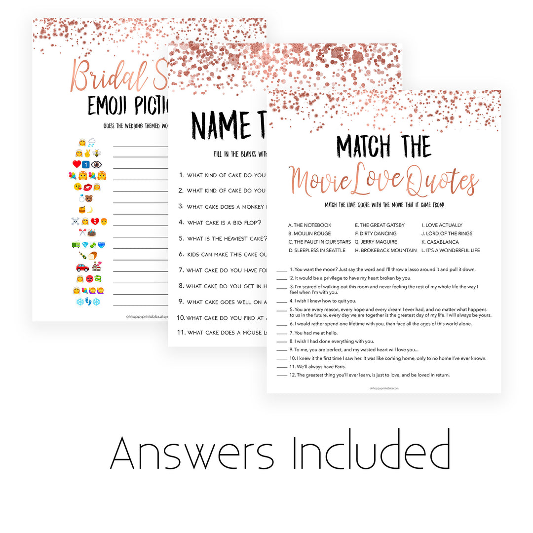 8 Bridal Shower Games Bundle - Rose Gold Foil