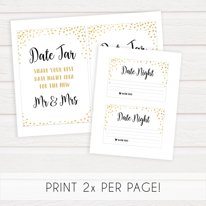 Gold hearts bridal shower games, date night jar, printable bridal games, gold bridal games, gold hearts bridal games, fun bridal games, top bridal games, best bridal games