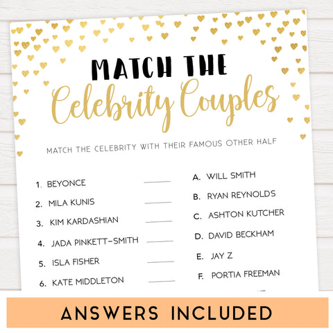Gold hearts bridal shower games, match the celebrity couples, printable bridal games, gold bridal games, gold hearts bridal games, fun bridal games, top bridal games, best bridal games