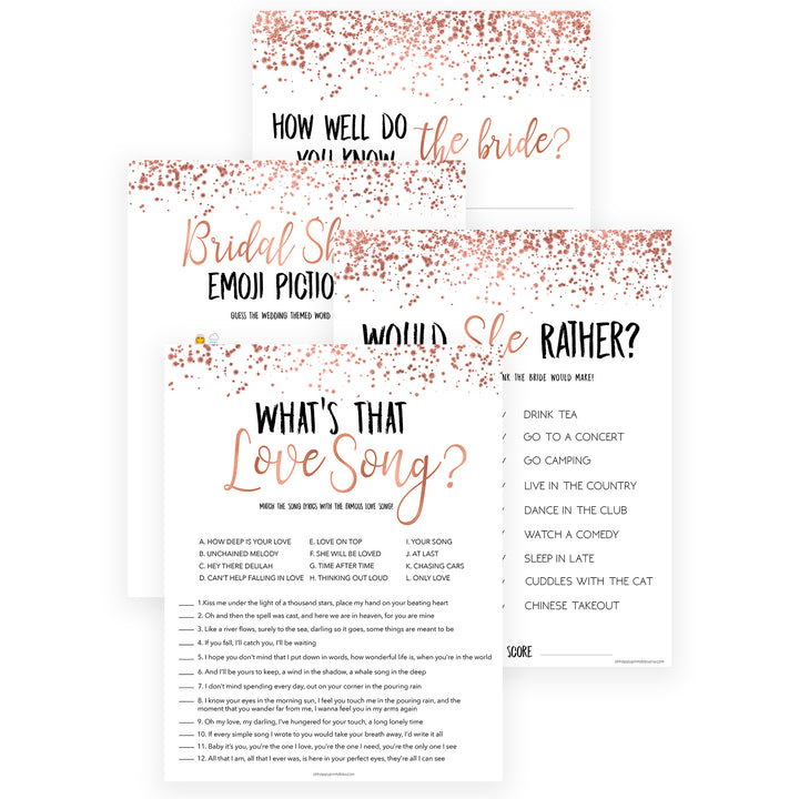 4 Bridal Shower Games Bundle - Rose Gold Foil