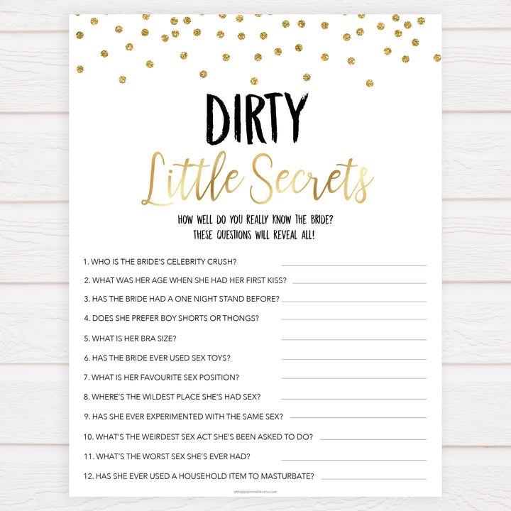 dirty little secrets bridal game, Printable bachelorette games, gold glitter bachelorette, friends hen party games, fun hen party games, bachelorette game ideas, gold glitter adult party games, naughty hen games, naughty bachelorette games