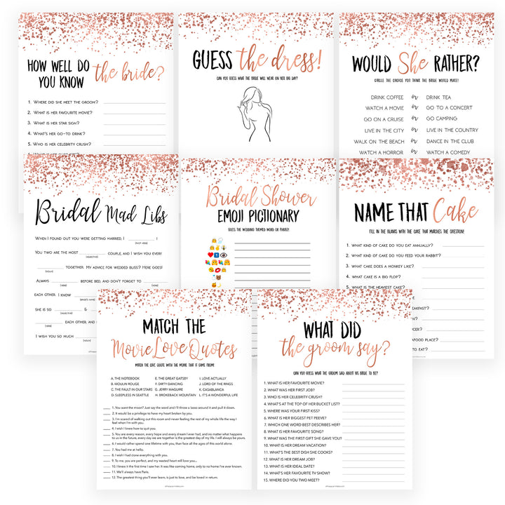 8 Bridal Shower Games Bundle - Rose Gold Foil