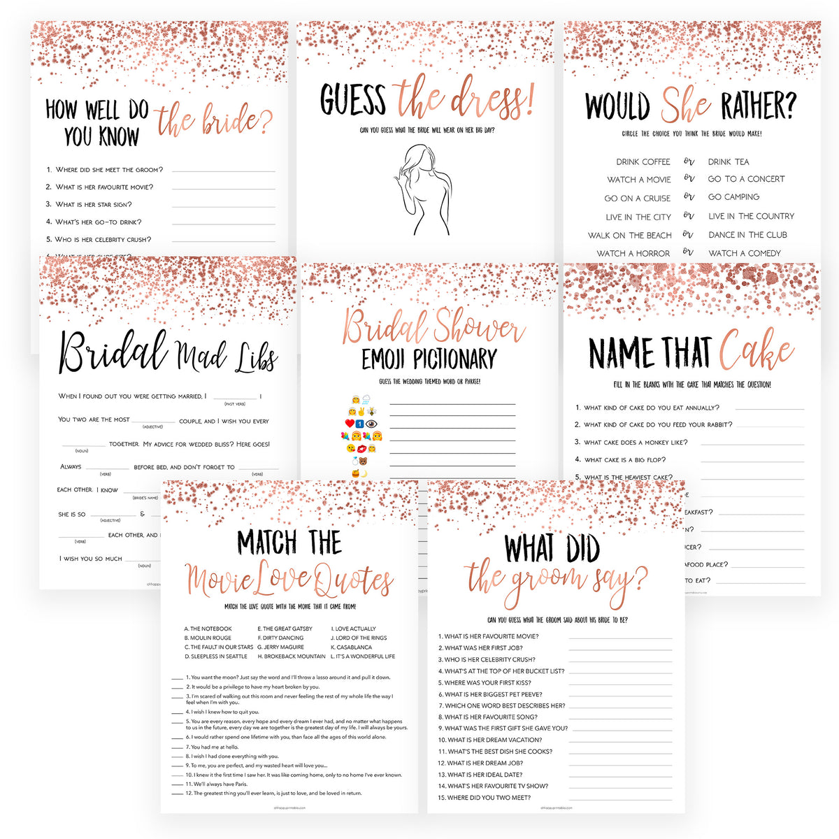 8 Bridal Shower Games Bundle - Rose Gold Foil