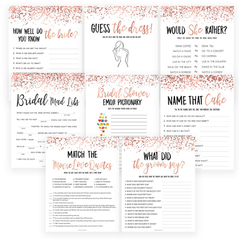 8 Bridal Shower Games Bundle - Rose Gold Foil