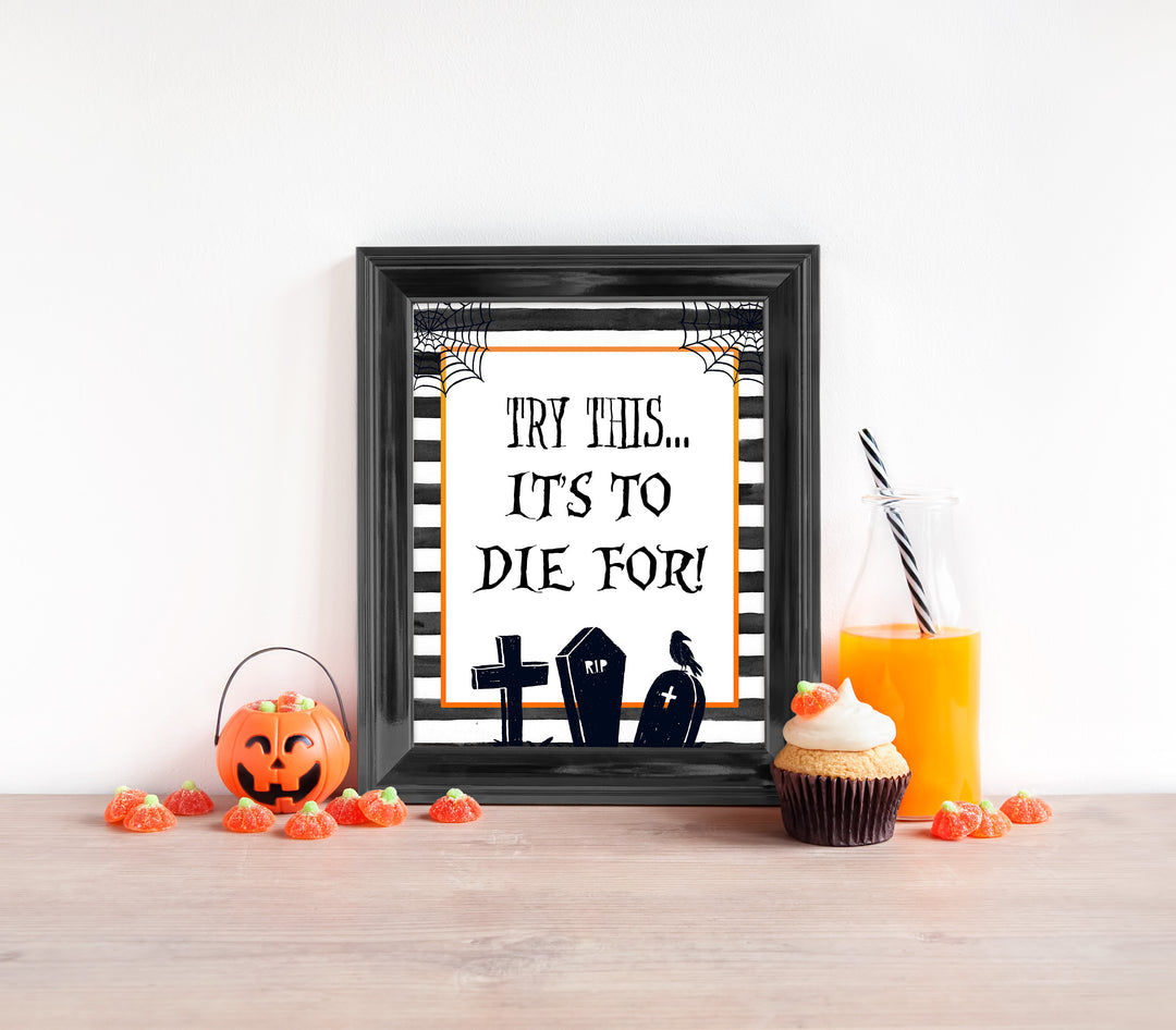 time to die sign, halloween table signs, printable halloween table signs, spooky halloween decor, halloween decor