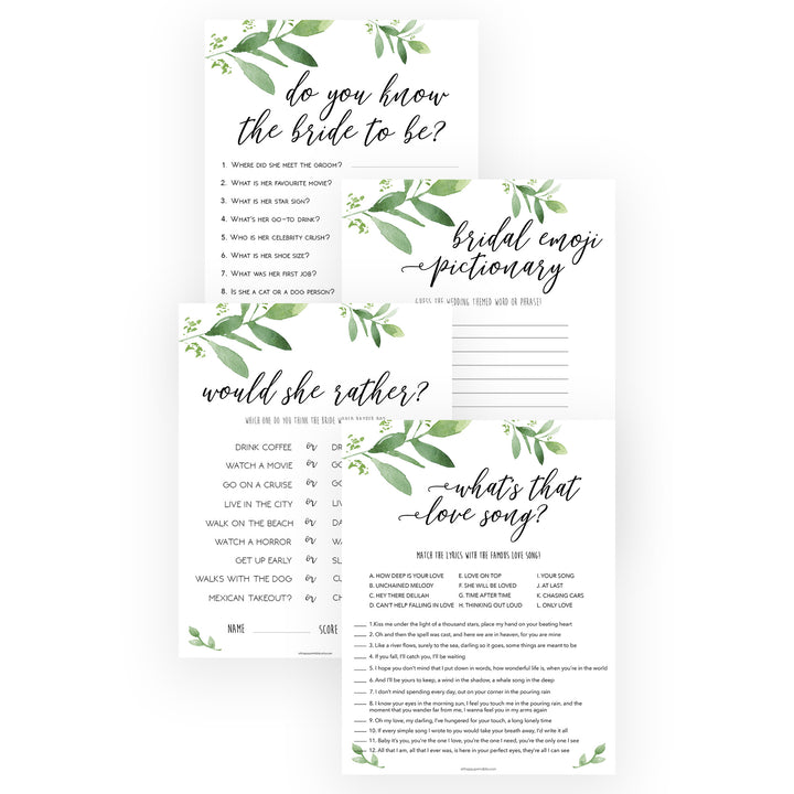 4 Bridal Shower Games Bundle - Greenery