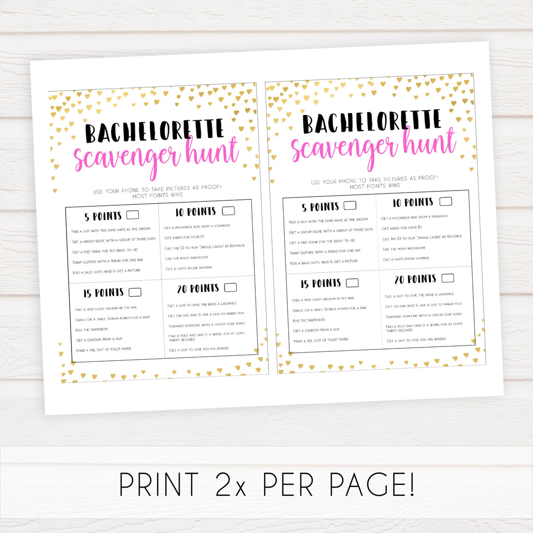 Gold hearts bachelorette games, bachelorette scavenger hunt game, printable bachelorette games, hen party games, top party games, fun bridal shower games, bachelorette party games
