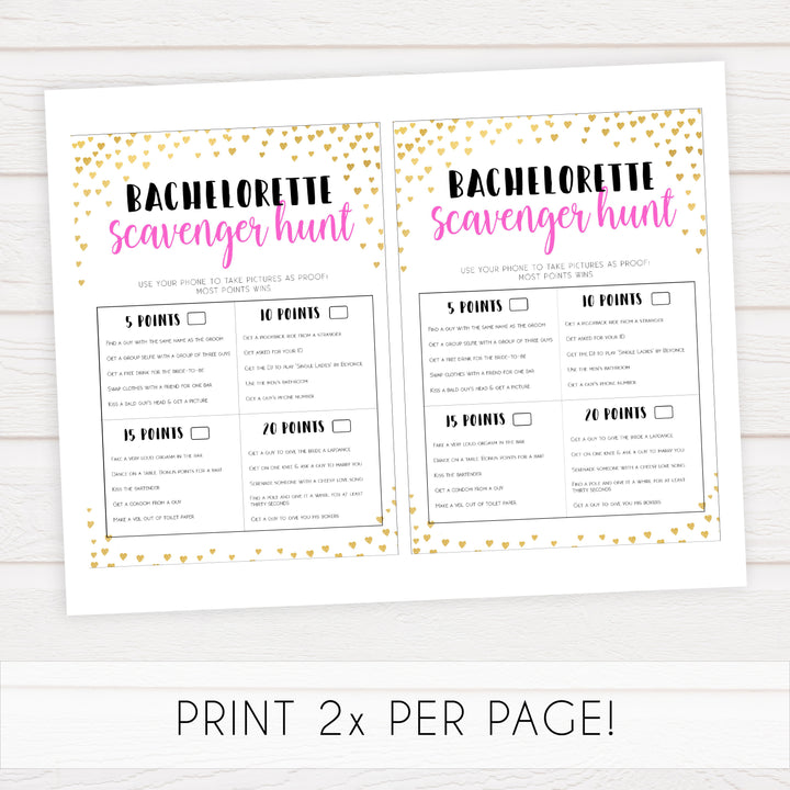 Gold hearts bachelorette games, bachelorette scavenger hunt game, printable bachelorette games, hen party games, top party games, fun bridal shower games, bachelorette party games