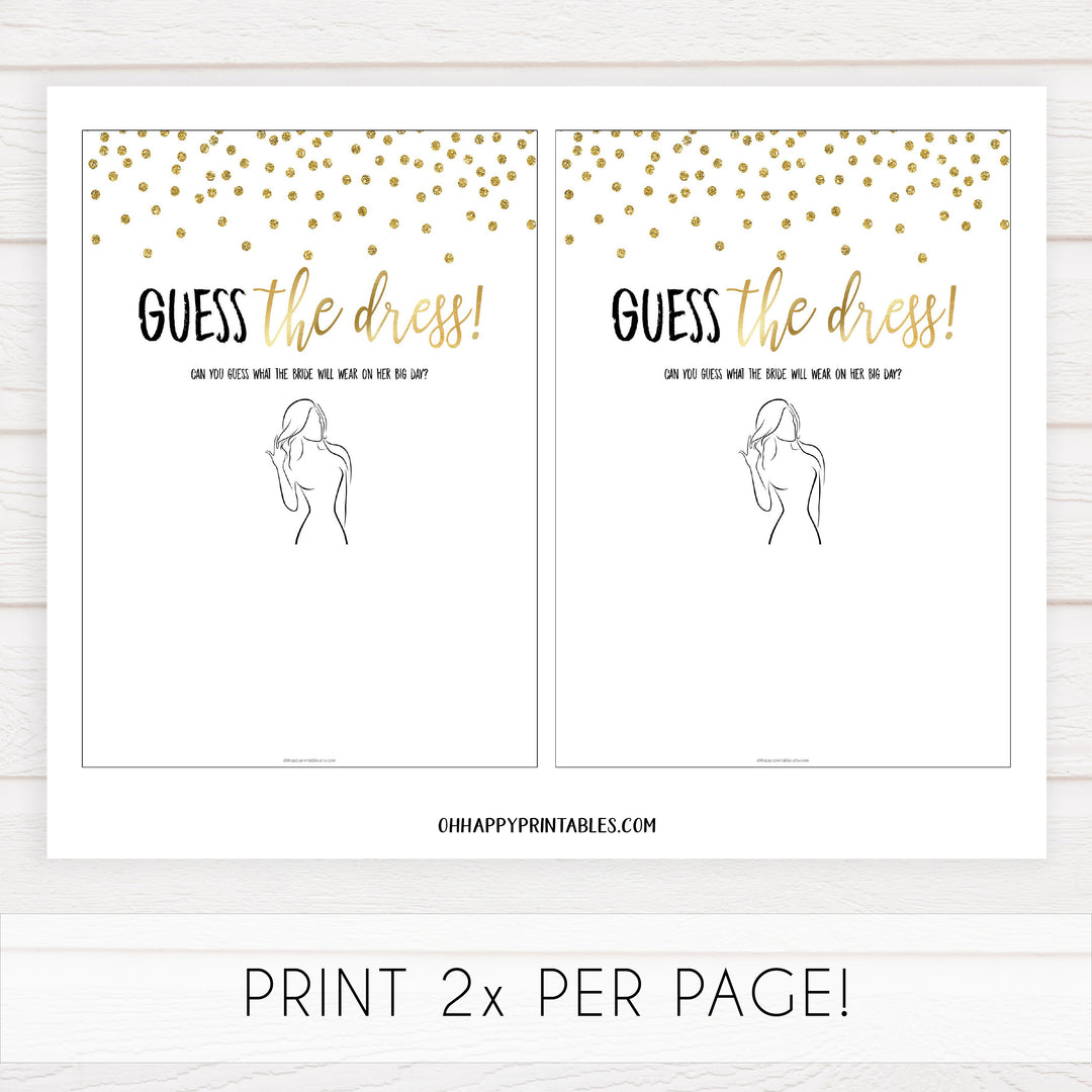 guess the dress game, guess the bridal dress, Printable bridal shower games, gold glitter bridal shower, gold glitter bridal shower games, fun bridal shower games, bridal shower game ideas, gold glitter bridal shower