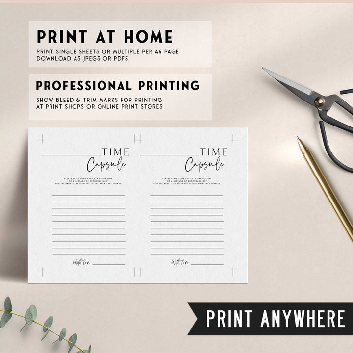 Printable baby shower game Time Capsule with a modern minimalist design