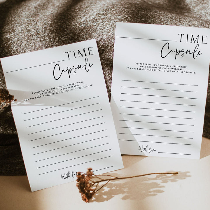 Printable baby shower game Time Capsule with a modern minimalist design