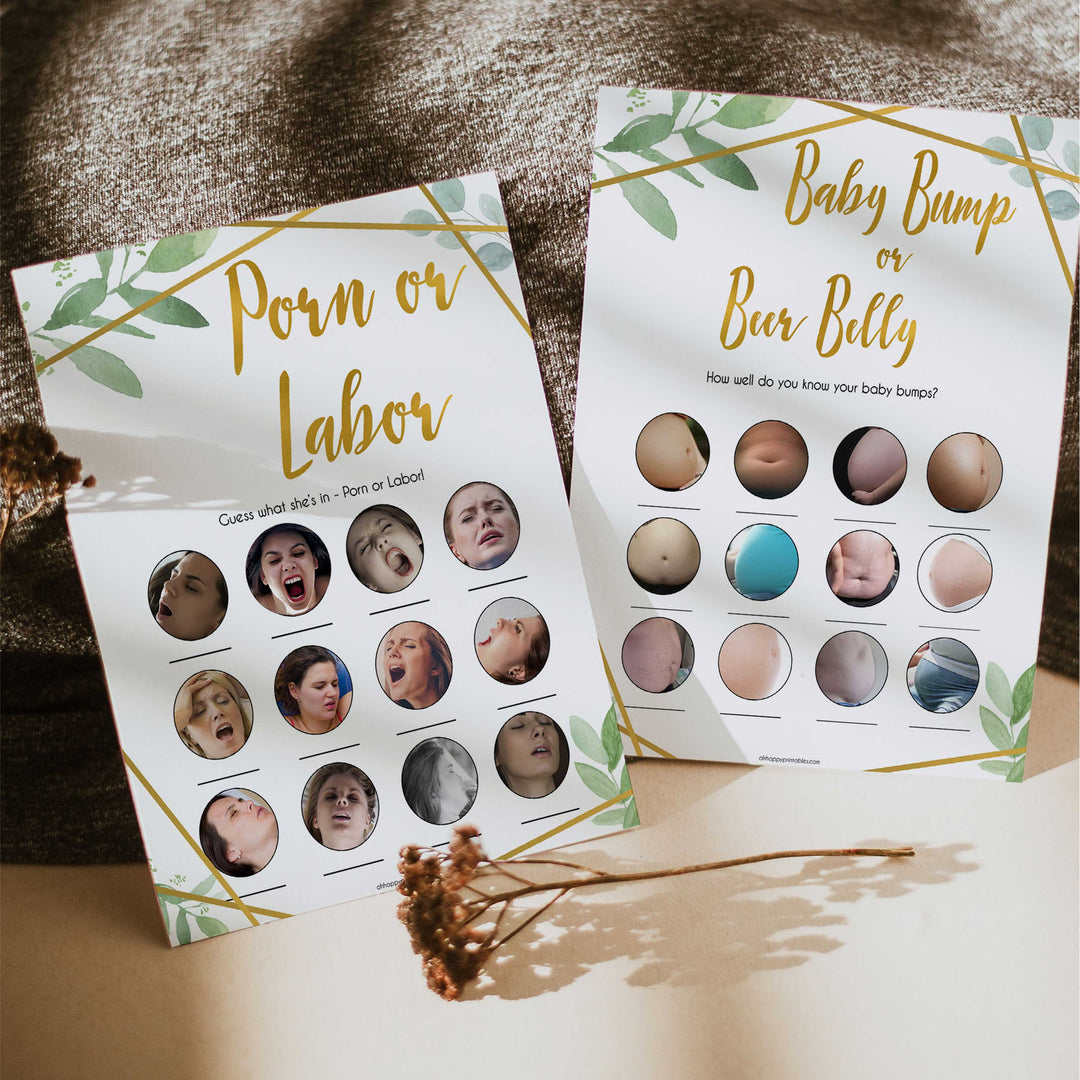 labor or porn, baby bump or beer belly game, Printable baby shower games, geometric fun baby games, baby shower games, fun baby shower ideas, top baby shower ideas, gold baby shower, blue baby shower ideas