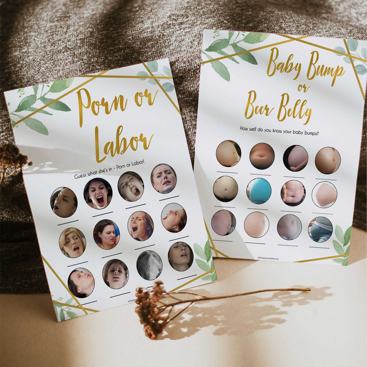 labor or porn, baby bump or beer belly game, Printable baby shower games, geometric fun baby games, baby shower games, fun baby shower ideas, top baby shower ideas, gold baby shower, blue baby shower ideas