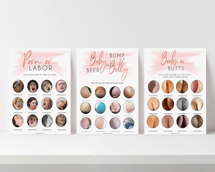 Pink swash baby games, labor or porn, baby bump, boobs or butts game, printable baby games, fun baby games, pink baby shower, top baby games, fun baby games, its a girl baby game