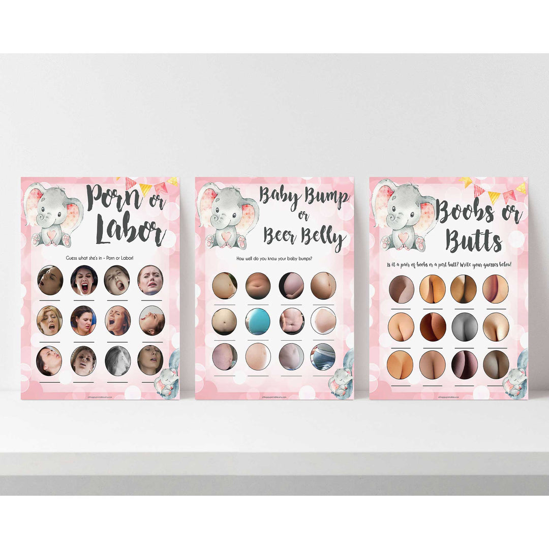 labor or porn, baby bump or beer belly, boobs or butts, Printable baby shower games, fun abby games, baby shower games, fun baby shower ideas, top baby shower ideas, pink elephant baby shower, pink baby shower ideas