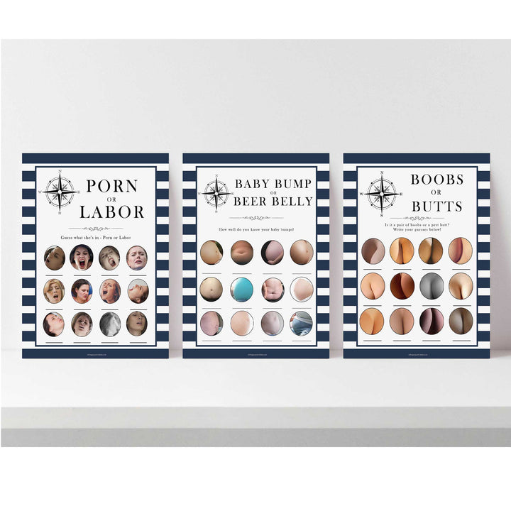 labor or porn, baby bump or beer belly, boobs or butts, Printable baby shower games, nautical baby shower games, nautical baby games, fun baby shower games, top baby shower ideas