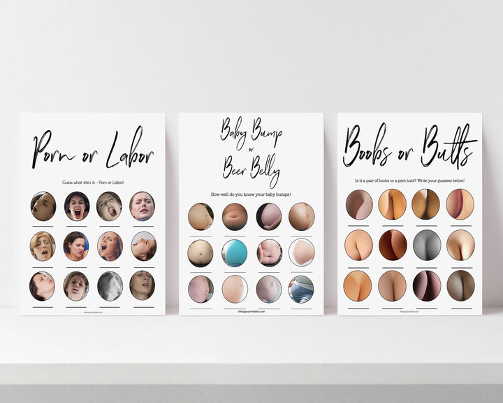 labor or porn, baby bump, boobs or butts game, printable baby shower games, gender neutral baby shower ideas, fun baby game ideas