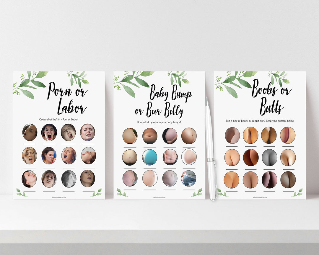 labor or porn, baby bump, boobs or butt games, printable baby shower games, botanical baby shower games, floral baby shower, fun baby games