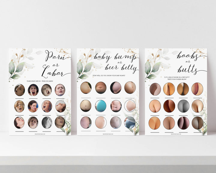 Gold green leaf baby games, labor or porn, baby bump, boobs or butts game, printable baby games, fun baby games, top baby games to play, gold leaf baby shower, greenery baby shower ideas
