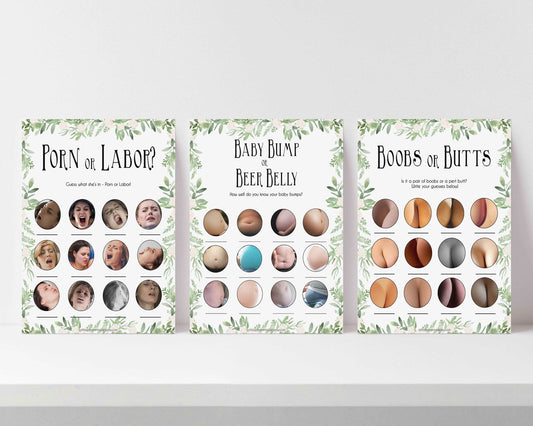 labor or porn, baby bump or beer belly, boobs or butts game, Printable baby shower games, greenery baby shower games, fun floral baby games, botanical baby shower games,