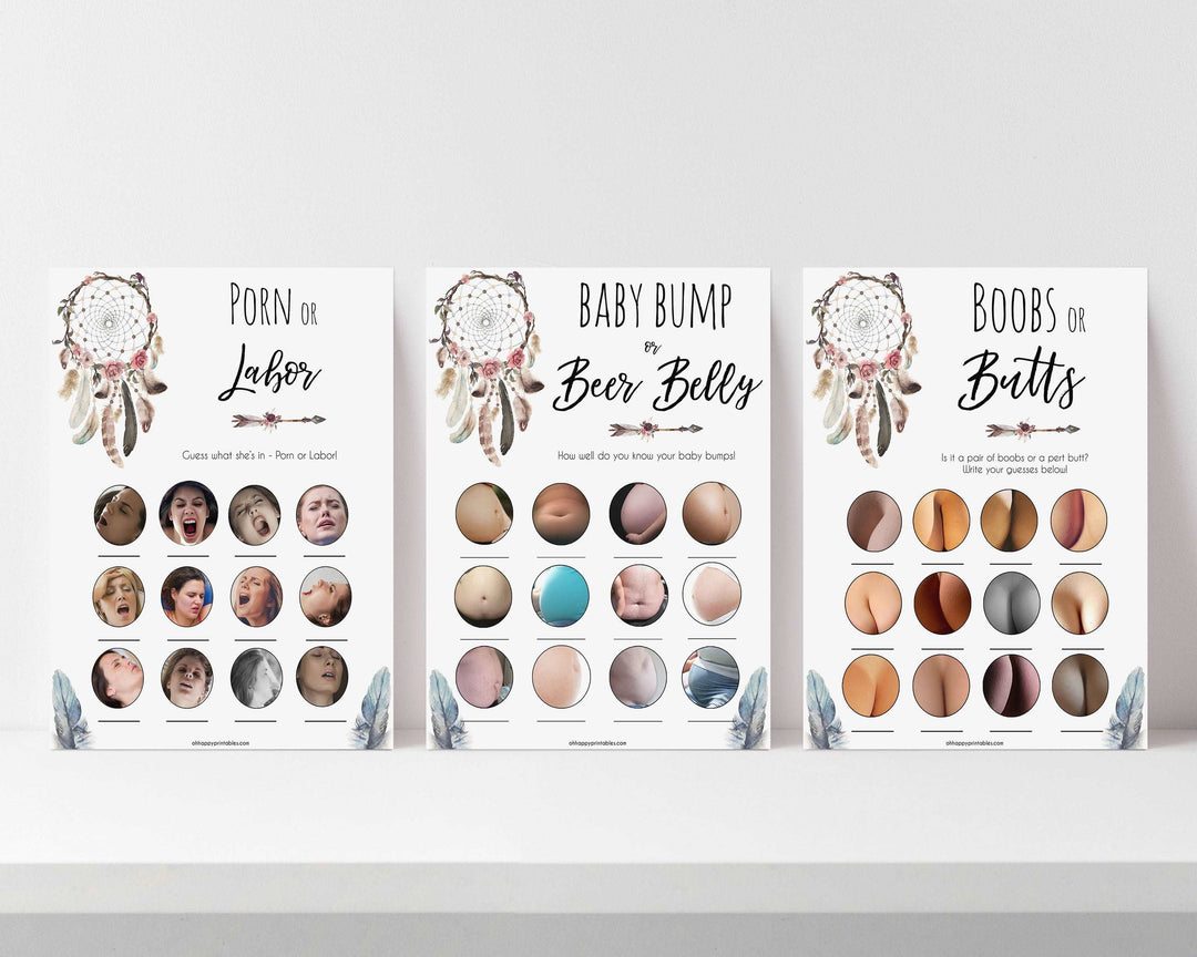 labor or porn, baby bump or beer belly, boobs or butts games, Printable baby shower games, boho baby shower games, dreamcatcher baby games, fun baby shower games, top baby shower ideas