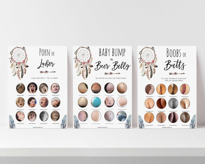 labor or porn, baby bump or beer belly, boobs or butts games, Printable baby shower games, boho baby shower games, dreamcatcher baby games, fun baby shower games, top baby shower ideas
