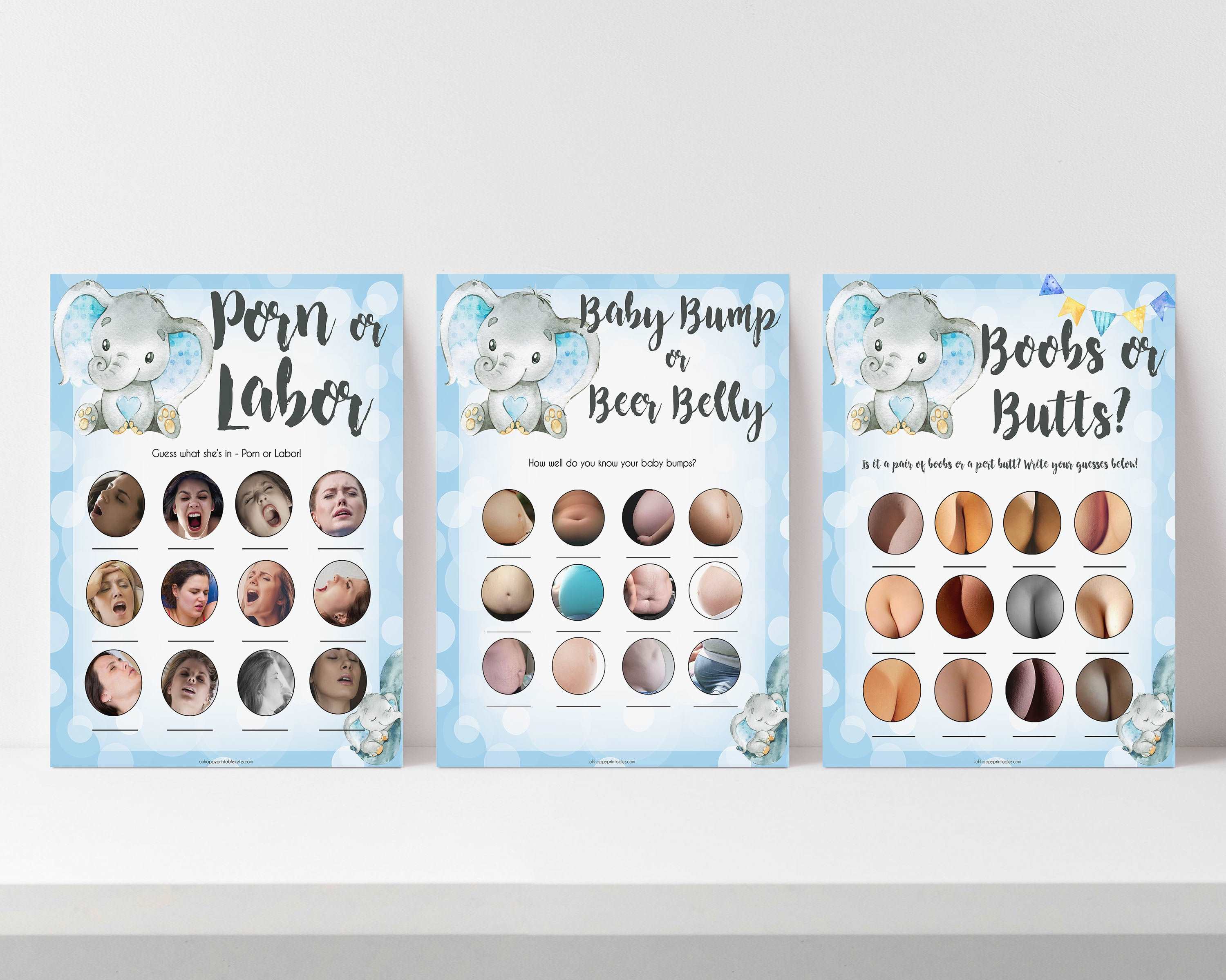 labor or porn, boobs or butts, baby bump or beer belly game, Printable baby shower games, fun baby games, baby shower games, fun baby shower ideas, top baby shower ideas, blue elephant baby shower, blue baby shower ideas